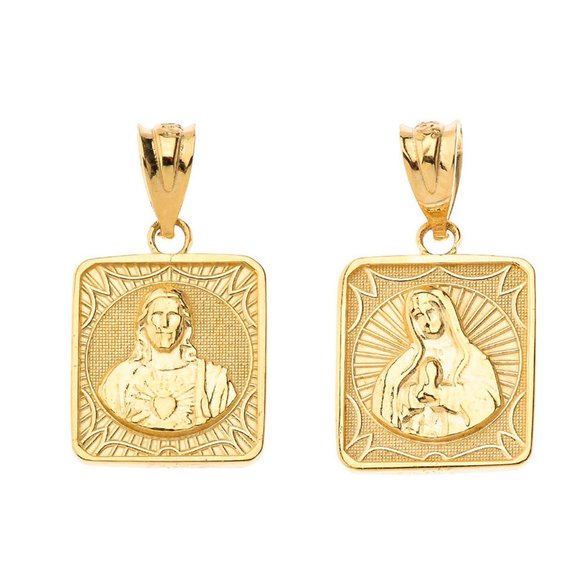14K Solid Gold Reversible Virgin Mary and Jesus Christ Square Pendant Charm